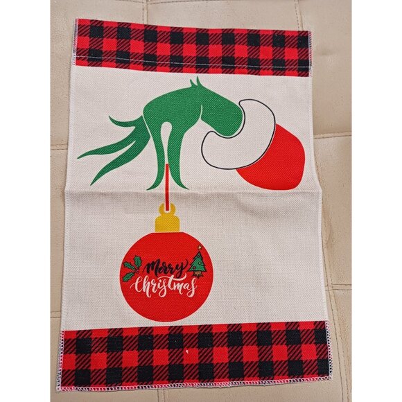 Christmas Flag Grinch Hand Holding Red Bulb "Merry Christmas" on Bulb. - Picture 1 of 2